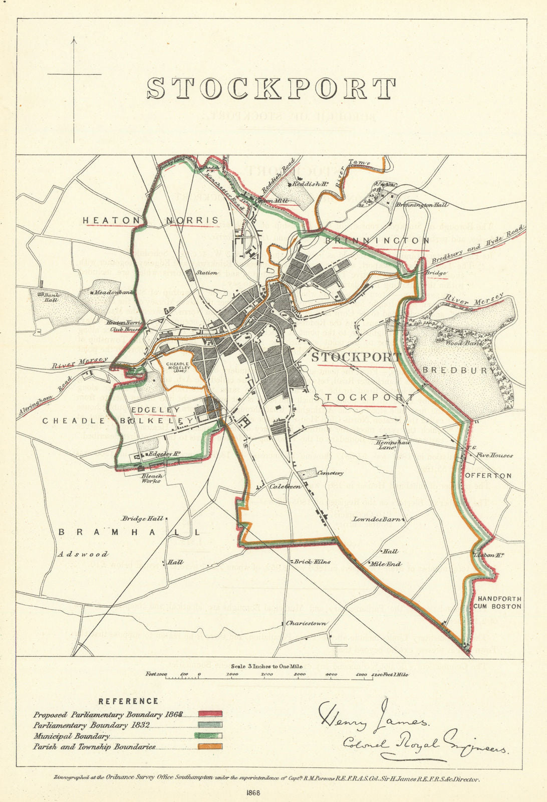 Stockport, Cheshire. JAMES. Parliamentary Boundary Commission 1868 old map